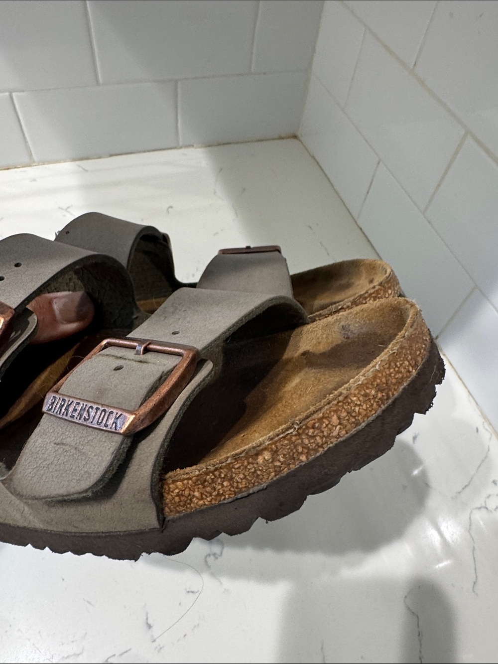 Birkenstock Taupe Double Buckle Sandals with Copper Buckles - Picture 5 of 10